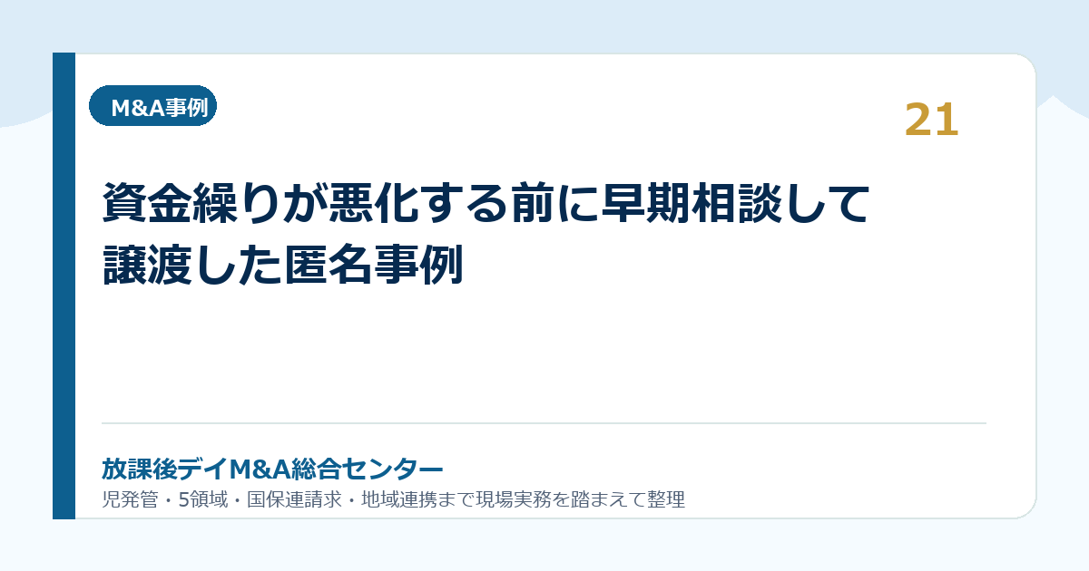 資金繰りが悪化する前に早期相談して譲渡した匿名事例