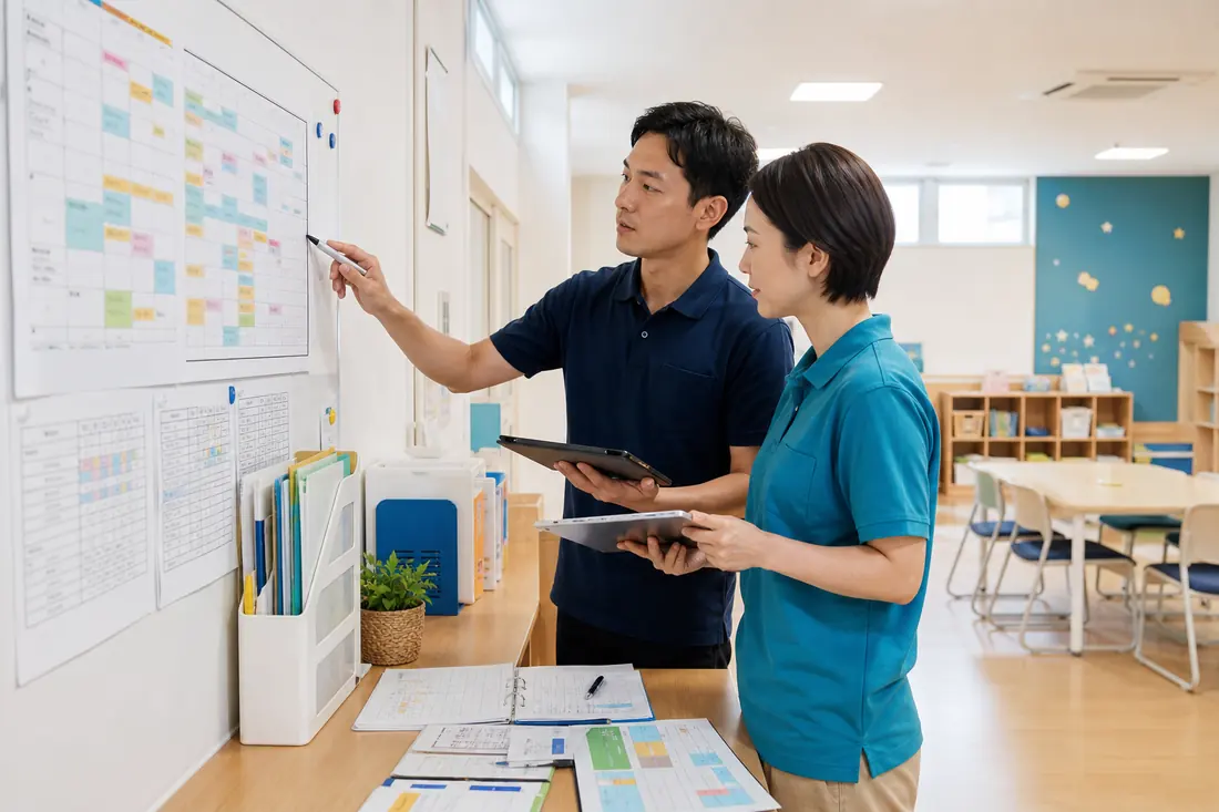 放課後等デイサービスの職員が運営資料と予定表を確認している様子
